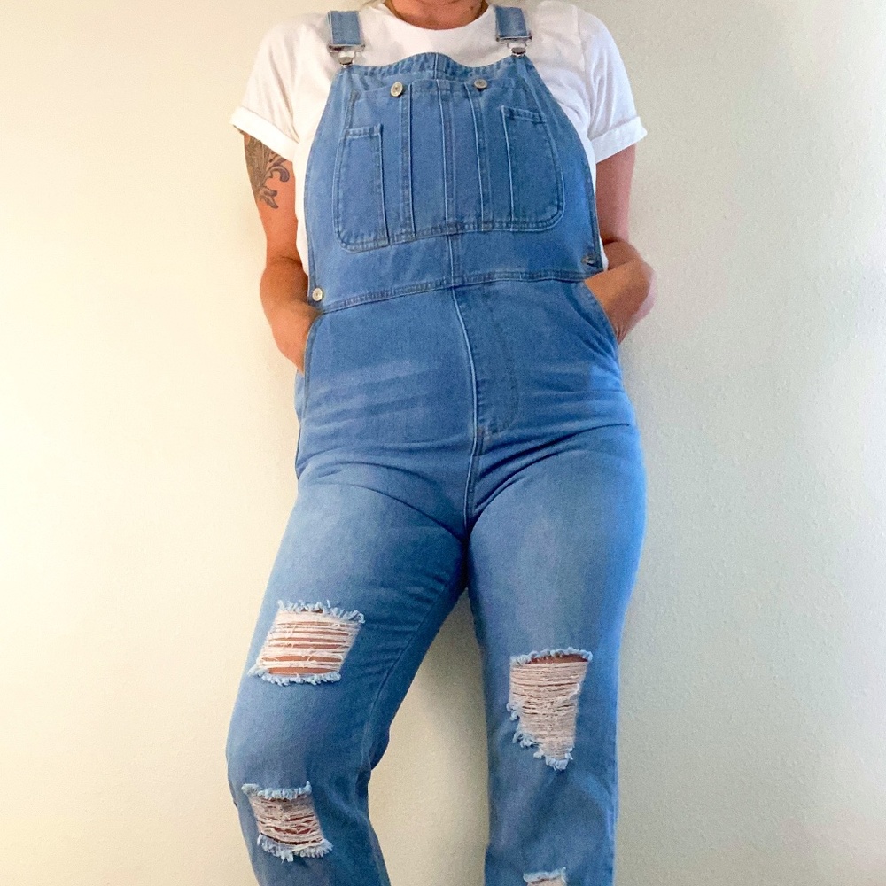 Light Wash Distressed Overalls